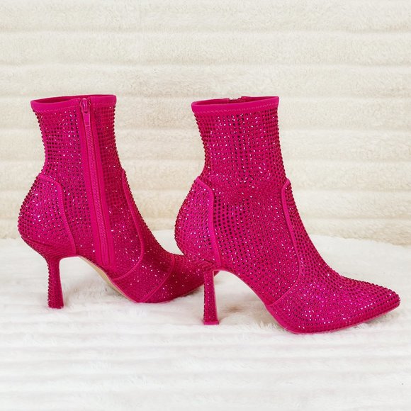 Stunning Fuchsia Hot Pink Stretch Rhinestone Ankle Boots 3.5" Kitten Heels - Picture 1 of 12